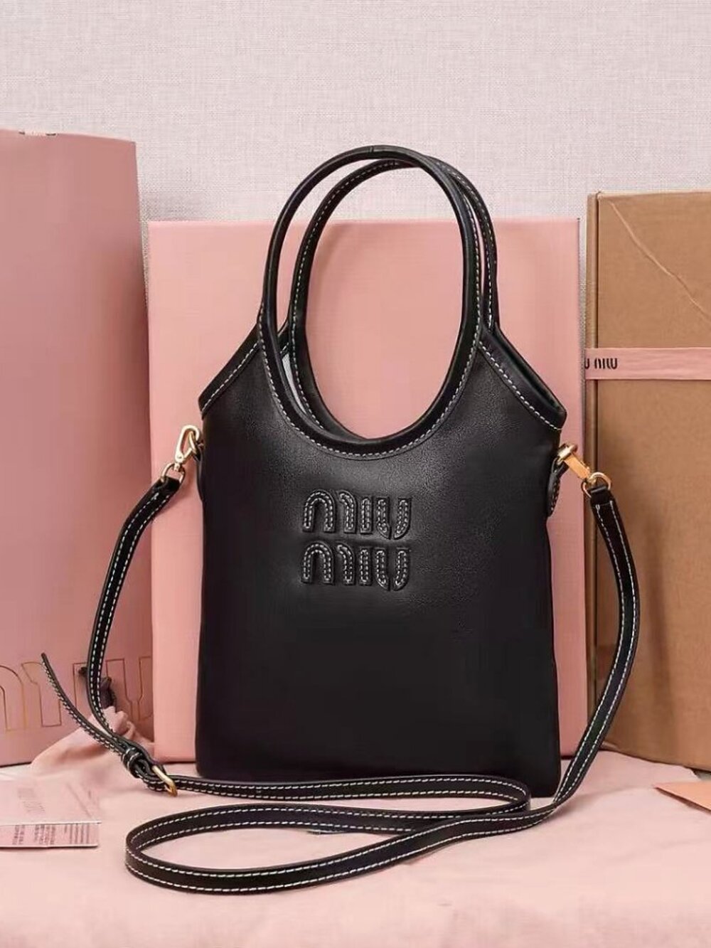 Miu Miu Black Leather Mini Tote Crossbody Bag